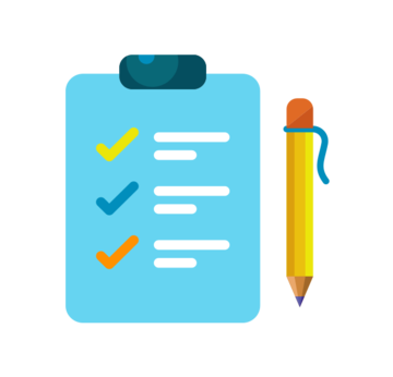  An illustration showing a turquoise clipboard with a checklist on it, featuring three lines of text (items). The first two items have blue and yellow checkmarks, indicating completion or compliance. The third item has an orange checkmark, suggesting it may be a pending or a partially completed task. A large yellow pencil with an orange eraser rests beside the clipboard. Below the image, the text reads 