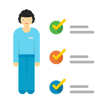 An illustration showing a figure (person) in a light blue top and blue pants standing next to a checklist. The checklist consists of three items, each represented by a colored circle (green, orange, and dark blue) with an orange or yellow checkmark inside, indicating successful completion or compliance. Below the image, the text reads 