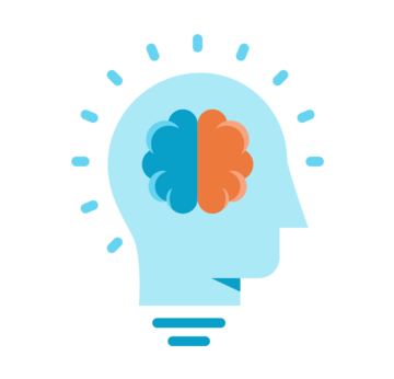  An illustration depicting a light blue light bulb shaped like a human head in profile, symbolizing an idea or knowledge. Inside the 