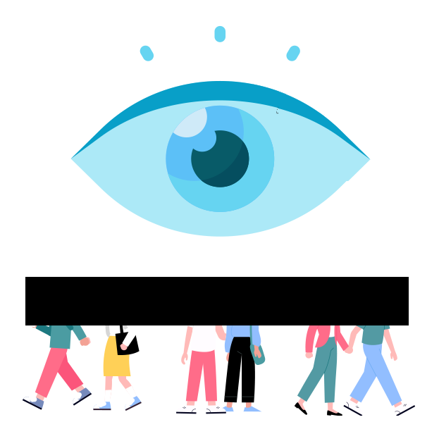  An illustration depicting a large, watchful blue eye at the top, symbolizing surveillance or CCTV monitoring. Below the eye, there is a group of four diverse human figures walking. A thick, opaque black bar covers the upper torsos and heads of these figures, representing the redaction of identifying information for privacy. Below the image, the text reads 
