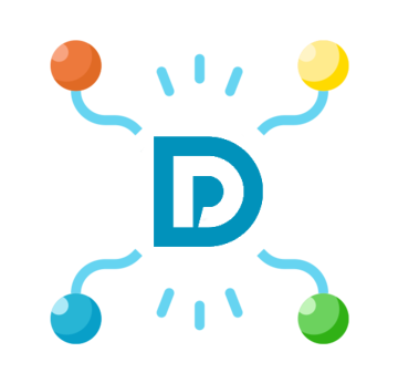  An illustration featuring a large blue 'D' at the center, representing the word 