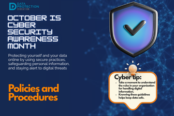 "A graphic announcing 'October is Cyber Security Awareness Month,' with text explaining the importance of creating a cyber emergency contact list in preparation for a cyber attack. It also includes a 'Cyber tip' to assess passwords, turn on MFA, and review critical accounts, especially email. A shield icon with a checkmark and a lightbulb icon are visible."