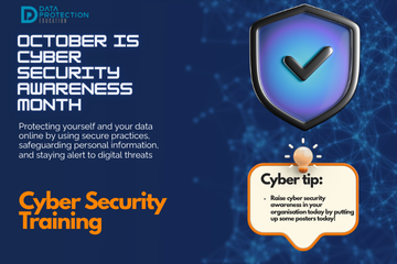 "A graphic announcing 'October is Cyber Security Awareness Month,' with text explaining the importance of creating a cyber emergency contact list in preparation for a cyber attack. It also includes a 'Cyber tip' to assess passwords, turn on MFA, and review critical accounts, especially email. A shield icon with a checkmark and a lightbulb icon are visible."