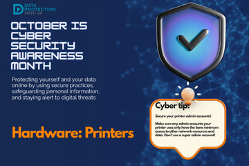 "A graphic announcing 'October is Cyber Security Awareness Month,' with text explaining the importance of creating a cyber emergency contact list in preparation for a cyber attack. It also includes a 'Cyber tip' to assess passwords, turn on MFA, and review critical accounts, especially email. A shield icon with a checkmark and a lightbulb icon are visible."