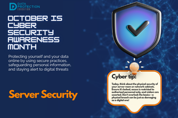 "A graphic announcing 'October is Cyber Security Awareness Month,' with text explaining the importance of creating a cyber emergency contact list in preparation for a cyber attack. It also includes a 'Cyber tip' to assess passwords, turn on MFA, and review critical accounts, especially email. A shield icon with a checkmark and a lightbulb icon are visible."
