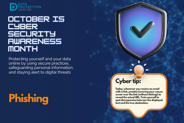 "A graphic announcing 'October is Cyber Security Awareness Month,' with text explaining the importance of creating a cyber emergency contact list in preparation for a cyber attack. It also includes a 'Cyber tip' to assess passwords, turn on MFA, and review critical accounts, especially email. A shield icon with a checkmark and a lightbulb icon are visible."