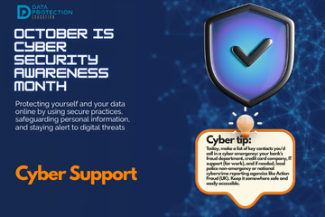 "A graphic announcing 'October is Cyber Security Awareness Month,' with text explaining the importance of creating a cyber emergency contact list in preparation for a cyber attack. It also includes a 'Cyber tip' to assess passwords, turn on MFA, and review critical accounts, especially email. A shield icon with a checkmark and a lightbulb icon are visible."