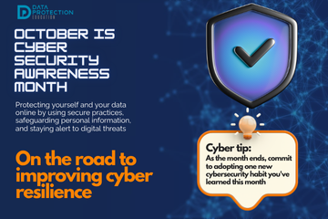 "A graphic announcing 'October is Cyber Security Awareness Month,' with text explaining the importance of creating a cyber emergency contact list in preparation for a cyber attack. It also includes a 'Cyber tip' to assess passwords, turn on MFA, and review critical accounts, especially email. A shield icon with a checkmark and a lightbulb icon are visible."