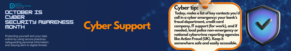 "A graphic announcing 'October is Cyber Security Awareness Month,' with text explaining the importance of creating a cyber emergency contact list in preparation for a cyber attack. It also includes a 'Cyber tip' to assess passwords, turn on MFA, and review critical accounts, especially email. A shield icon with a checkmark and a lightbulb icon are visible."