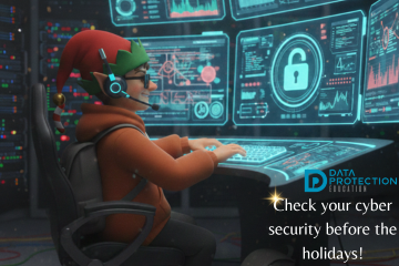A playful image showing the Elf on the Shelf character sitting inside a brightly lit server rack, surrounded by cables and blinking lights. The Elf is holding a tablet with a glowing, futuristic screen displaying data and security icons. The text overlay reads: "Check your cyber security before the holidays!" The logo for "Data Protection Education" is visible in the top left corner.
