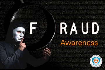  A dark image with the word "FRAUD" in white lettering on a black background, with a magnifying glass over the F. Below "FRAUD" are the words "Awareness" in orange text. In the bottom-left corner, a person in a black hoodie and a white mask holds a phone and has a finger to their lips in a shushing gesture. In the bottom-right corner is a circular logo for "Data Protection Officer" with the website "dataprotection.law/education".