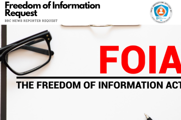 Photo of glasses, the letters 'FOIA' in red, Freedom of information black text on white background.  BBC News Reporter request, DAta Protection Education DPO badge