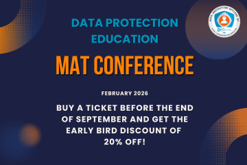  A promotional image for the "Data Protection Education MAT Conference" in February 2026. The text reads: "USE THE EARLY BIRD DISCOUNT CODE FOR 20% OFF! MATCON26". The background is dark blue with two orange, abstract shapes in the bottom right and top left corners. In the top right corner is a circular logo for "Data Protection Education".