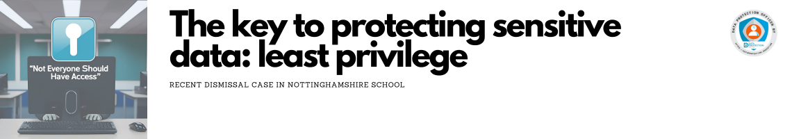 AI generated photo of the back of a  computer screen with hands on a keyboard. Blue padlock with white text saying: Not everyone should have access.  White background and black text: The key to protecting sensitive data : least privilege. Recent dismissal case in Nottinghamshire