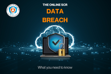 A digital illustration with a dark blue background features a laptop with a shield and an open padlock, symbolizing data security. Above the laptop, a cloud icon with interconnected lines represents cloud computing and network connections. The text on the image reads "THE ONLINE SCR DATA BREACH" in white and orange, and "What you need to know" in white. In the top left corner, a logo for "DATA PROTECTION OFFICER" is visible.
