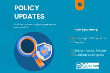  A vibrant, graphic image with a deep blue background announces "POLICY UPDATES" in large, white lettering. Below this, smaller text reads: "Our latest document and policy updates are now available!"  To the right, a list under the heading "New documents:" highlights two items:  Data Rights Complaints Process  Subject Access Request Clarification Template  A prominent 3D icon in the center shows a large magnifying glass with an orange handle and a blue head, focusing on a white and blue shield. The shield has an orange checkmark in its center. The bottom right corner features a logo for "DATA PROTECTION EDUCATION".