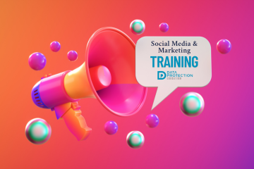 A bright pink cartoon megaphone surrounded by coloured baubles.  In a speech bubble in black text: Social media and marketing. In blue text: Training and the data protection education logo underneath