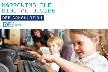 Image of a young child on a computer. Blue text: Narrowing the digital divide. White text on navy background: DfE Consultation. Data Protection Education