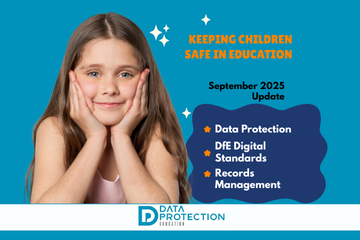  A young girl with a happy expression rests her chin in her hands, looking at the camera. She has long brown hair and is wearing a dark top. To the right of the image, a dark blue box contains white text and three orange star icons. The text reads "KEEPING CHILDREN SAFE IN EDUCATION" at the top, followed by "September 2025 Update". Below that, the orange stars precede the lines "Data Protection," "DfE Digital Standards," and "Records Management." The background is a solid bright blue, with small white sparkles scattered around the text box. The "DATA PROTECTION EDUCATION" logo is in the bottom left corner.